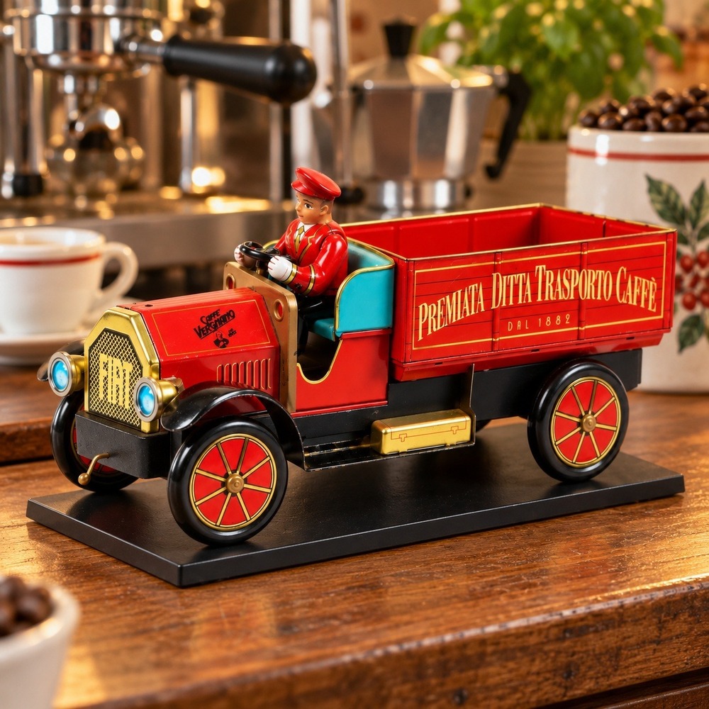 Vintage Caffe Vergnano Fiat Tin Litho Coffee Delivery Truck Model TO-1149 Red